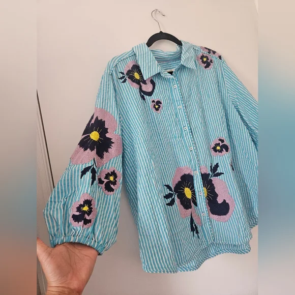 Anthropologie Maeve Floral Embroidered Buttondown Shirt Size XL Preppy - Picture 6 of 14